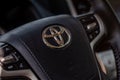 MOSCOW, RUSSIA - JUNE 02, Toyota company logo close-up view on the steering wheel.