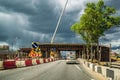 Moscow, Russia - June 5, 2015. under construction overpass over Leningrad Highway against stormy sky