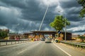 Moscow, Russia - June 5, 2015. under construction overpass over Leningrad Highway against stormy sky