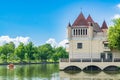 Moscow, Russia - June 16, 2022: VDNH xhibition Area at sunny summer day. Yakubov`s Palace on the Kamenka River. VDNH is popular