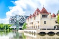 Moscow, Russia - June 16, 2022: VDNH xhibition Area at sunny summer day. Yakubov`s Palace on the Kamenka River. VDNH is popular