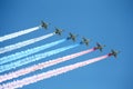 MOSCOW, RUSSIA - June 24, 2020: Victory Parade -75. Red Square. Aerial show in sky. Air parade Russian aviation. Su-25 in sky