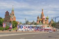 Moscow, Russia - June 21, 2018: View of St. Basils Cathedral on Red square and Moscow Kremlin against Bolshoy Moskvoretskiy bridge Royalty Free Stock Photo