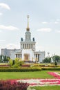 Moscow, Russia - June 24, 2019: View to fountain of Friendship of peoples and Central pavilion at VDNKH Royalty Free Stock Photo