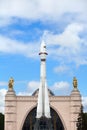 Vostok Launch vehicle life-size model, East carrier rocket layout, Space pavilion background on sunny summer day, VDNKh park