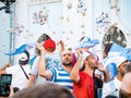 Moscow, Russia, June 16, 2018. World Cup 2018, football fans on the streets of Moscow. Soccer fans from Argentina walking downthe Royalty Free Stock Photo