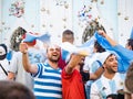 Moscow, Russia, June 16, 2018. World Cup 2018, football fans on the streets of Moscow. Soccer fans from Argentina walking downthe Royalty Free Stock Photo