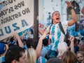 Moscow, Russia, June 16, 2018. World Cup 2018, Screaming football fans on the streets of Moscow. Soccer fans from Argentina walkin Royalty Free Stock Photo