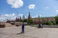 MOSCOW, RUSSIA - JUNE 23, 2020: young officer of special service of Russia, FSB in civilian clothes, protective mask and medical