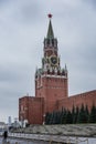 Moscow, Russia, 11/05/2019: Kremlin tower with a clock in cloudy weather. Vertical