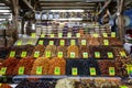 Moscow, Russia, 15/05/2020: A large assortment of nuts and dried fruits on the counter in the market. Front view. Healthy