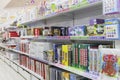 Moscow, Russia, 06/18/2020: A large selection of board games for children on the shelves in a bookstore. Educational toys and