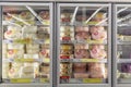 Moscow, Russia, 07/17/2020: Large selection of various ice cream on the shelves in the supermarket. Front view