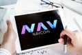 Moscow Russia 20.07.2021 Logo of Navcoin coin in mobile phone. Cryptocurrency NAV token. Trading blockchain platform to buy,sell