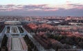 Aerial panoramic view of Lenin Hill area and downtown from high level point of Moscow State University in rose spring sunset Royalty Free Stock Photo