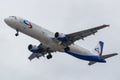 Moscow, Russia - March 17, 2019: Aircraft Airbus A321-211 VQ-BKG of Ural Airlines going to landing at Domodedovo international