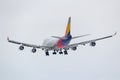 Moscow, Russia - March 17, 2019: Aircraft Boeing 747-48EBDSF HL7413 of Asiana Airlines going to landing at Domodedovo Royalty Free Stock Photo