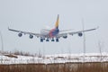 Moscow, Russia - March 17, 2019: Aircraft Boeing 747-48EBDSF HL7413 of Asiana Airlines going to landing at Domodedovo Royalty Free Stock Photo