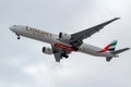 Moscow, Russia - March 17, 2019: Aircraft Boeing 777-31HER A6-ENP of Emirates airline going to landing at Domodedovo