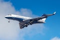 Moscow, Russia - March 26, 2019: Aircraft Bombardier BD-700-1A11 Global 5000 M-SKSM against blue sky in sunny morning going to Royalty Free Stock Photo