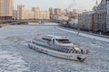 The boat `Montana` floats on frozen the Moscow river in Moscow Royalty Free Stock Photo