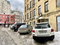 Moscow, Russia, March, 10, 2024. Cars in the courtyard of house 8 on Shchepkina Street in Moscow