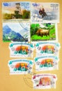 Different postage stamps printed in Russia with stamp of Sochi shows Architecture and Nature of Russia, serie, circa 2006-2011