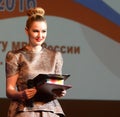 Famous Russian actress Maria Kozhevnikova is conducting a beauty contest on the stage of the New Opera theater