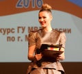 Famous Russian actress Maria Kozhevnikova is conducting a beauty contest on the stage of the New Opera theater