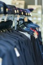 MOSCOW, RUSSIA - MARCH 20, 2018: Hangers with a police uniform in a specialized storehouse of police and military uniforms