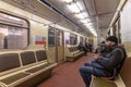Moscow, Russia - March 9. 2019. Interior of subway car with passengers Royalty Free Stock Photo