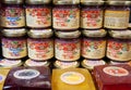 Moscow, Russia - March 29, 2023. Jars with natural jam and marmalade are sold at the exhibition. Labels in Russian language