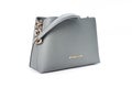 MOSCOW, RUSSIA - MARCH, 17, 2021: leather grey handbag Michael Kors on white background. Michael Kors brand of clothing,