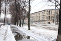 Moscow. Russia. March 3, 2121. Leninsky Prospekt. melting snow. puddle on the road. spring in the city