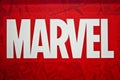 Marvel logo sign printed on banner. Marvel Comics Group is a publisher of American comic books and related media Royalty Free Stock Photo