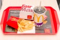 Moscow, Russia, March 15 2018: McDonald`s Big Mac hamburger menu, French Fries and Coca Cola Royalty Free Stock Photo