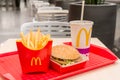 Moscow, Russia, March 15 2018: McDonald`s Big Mac hamburger menu, French Fries and Coca Cola Royalty Free Stock Photo