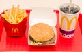 Moscow, Russia, March 15 2018: McDonald`s Big Mac hamburger menu, French Fries and Coca Cola Royalty Free Stock Photo