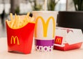 Moscow, Russia, March 15 2018: McDonald`s Big Mac hamburger menu, French Fries and Coca Cola Royalty Free Stock Photo