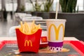 Moscow, Russia, March 15 2018: McDonald`s Big Mac hamburger menu, French Fries and Coca Cola Royalty Free Stock Photo