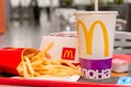 Moscow, Russia, March 15 2018: McDonald`s Big Mac hamburger menu, French Fries and Coca Cola