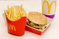 Moscow, Russia, March 15 2018: McDonald`s Big Mac hamburger menu, French Fries and Coca Cola Royalty Free Stock Photo