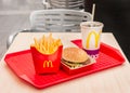 Moscow, Russia, March 15 2018: McDonald`s Big Mac hamburger menu, French Fries and Coca Cola Royalty Free Stock Photo