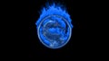 Moscow, Russia - March 20 2021: Mortal Kombat. Dragon logo made of old metal, red glowing eye in round ring in blazing blue fire