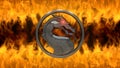 Moscow, Russia - March 20 2021: Mortal Kombat. Dragon logo of old metal, red glowing eye in round ring. Dirty stone wall, orange