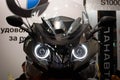 Motorcycle BMW with angel eyes headlight on exhibition Royalty Free Stock Photo