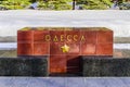 Odessa-the name of the city on the granite block on the Alley of hero cities near the Kremlin wall. Moscow, Russia.