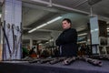 Moscow, Russia - March 19, 2017: Old antique guns, rifles for sale on the collectors market. Selective focus on muzzle