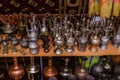 Moscow, Russia - March 19, 2017: Old traditional oriental brass vases and jugs at the bazaar