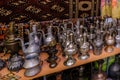 Moscow, Russia - March 19, 2017: Old traditional oriental brass vases and jugs at the bazaar
